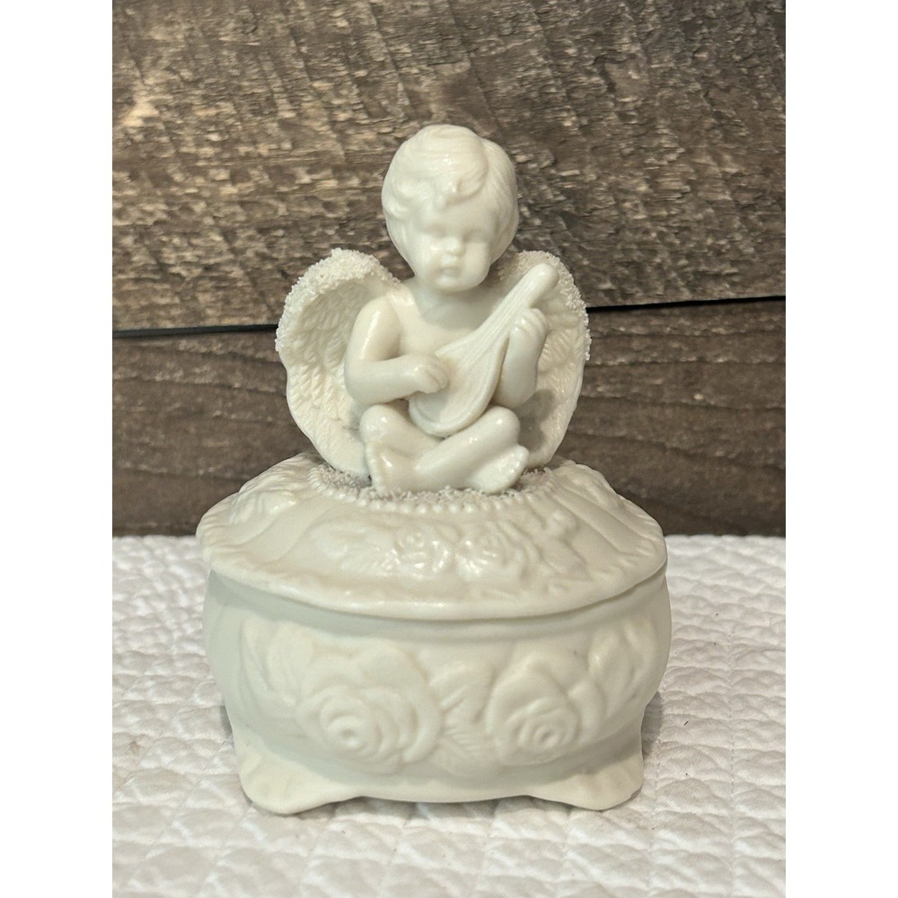 Porcelain Bisque Cherub Figurine Playing Musical Instrument Lidded Trinket Dish